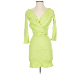 TheLineByK XS Lime Green Ribbed Long Sleeve Mini Dress Twist Wrap Tie Back Party